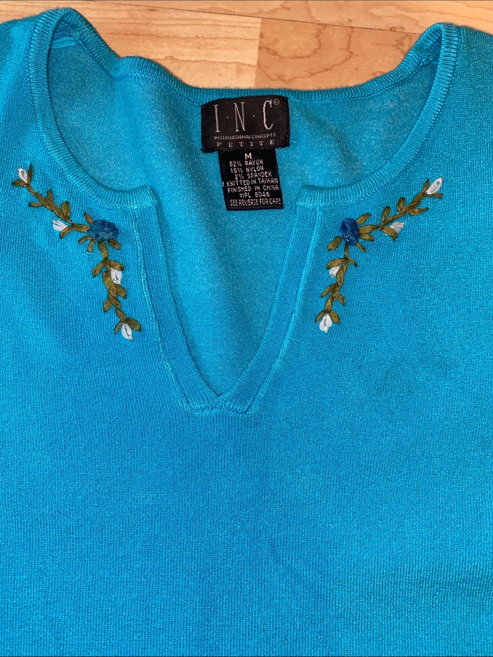 INC International Concepts Turquoise Embroidered V-Neck Sweater